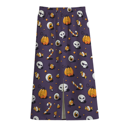 Halloween Eyeball Pattern Print Cotton Front Slit Maxi Skirt