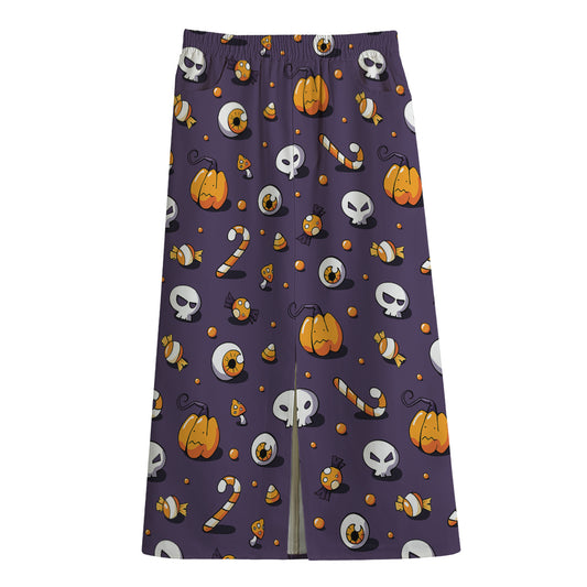 Halloween Eyeball Pattern Print Cotton Front Slit Maxi Skirt