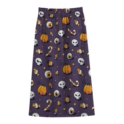 Halloween Eyeball Pattern Print Cotton Front Slit Maxi Skirt