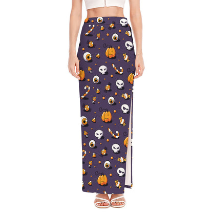 Halloween Eyeball Pattern Print High Slit Maxi Skirt