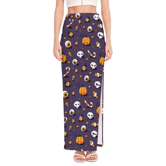 Halloween Eyeball Pattern Print High Slit Maxi Skirt