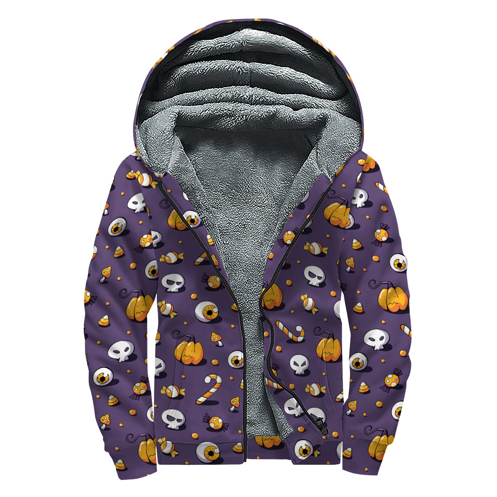 Halloween Eyeball Pattern Print Sherpa Lined Zip Up Hoodie