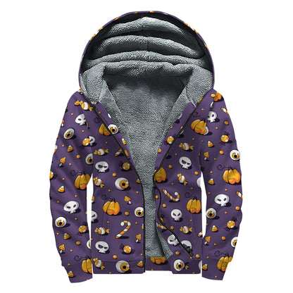 Halloween Eyeball Pattern Print Sherpa Lined Zip Up Hoodie