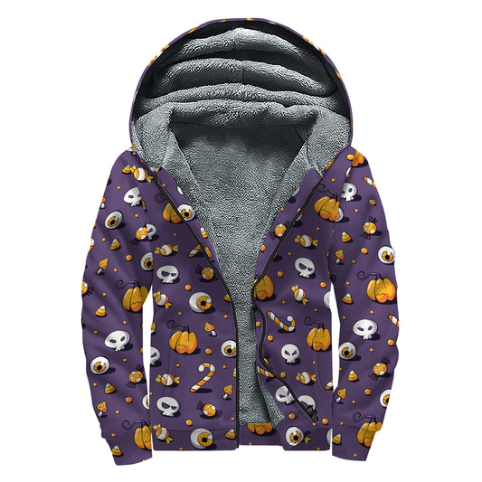Halloween Eyeball Pattern Print Sherpa Lined Zip Up Hoodie