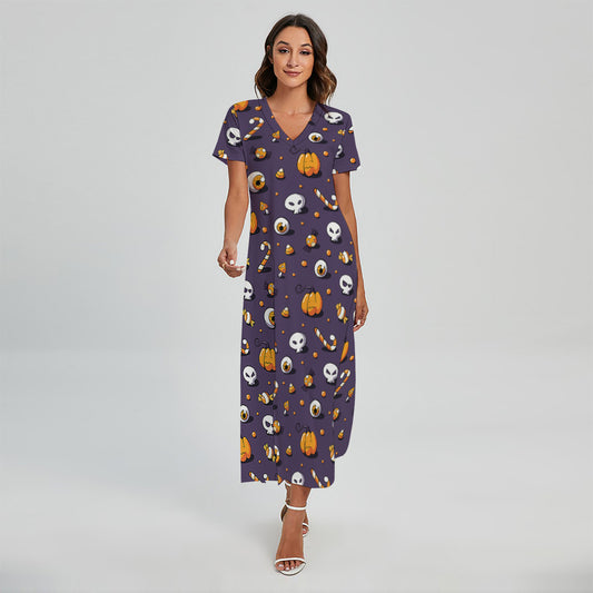 Halloween Eyeball Pattern Print Short Sleeve Maxi Dress