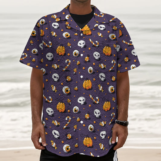 Halloween Eyeball Pattern Print Textured Short Sleeve Shirt