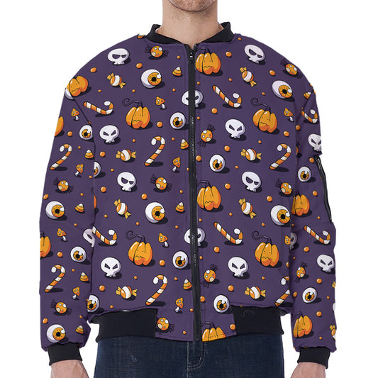 Halloween Eyeball Pattern Print Zip Sleeve Bomber Jacket
