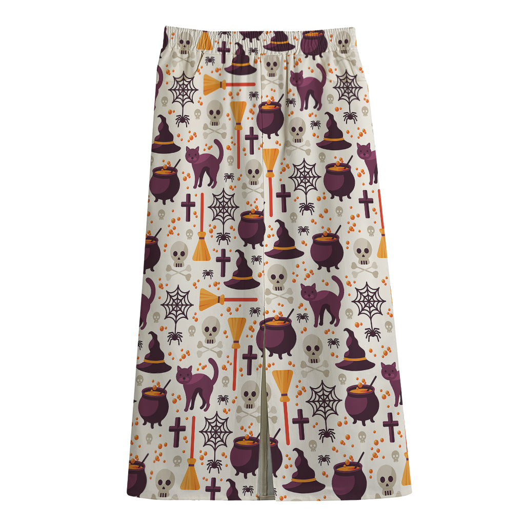Halloween Festival Pattern Print Cotton Front Slit Maxi Skirt
