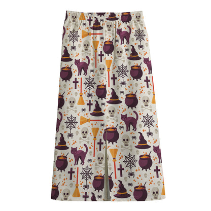 Halloween Festival Pattern Print Cotton Front Slit Maxi Skirt