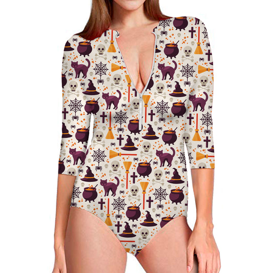 Halloween Festival Pattern Print Long Sleeve Swimsuit