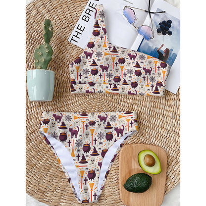 Halloween Festival Pattern Print One Shoulder Bikini Top