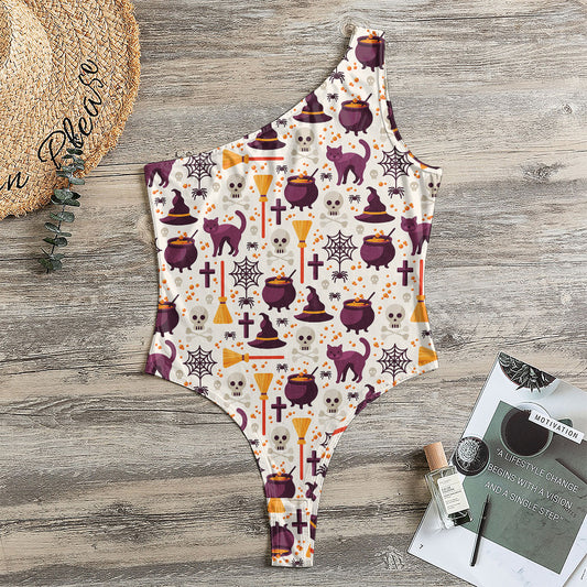 Halloween Festival Pattern Print One Shoulder Bodysuit