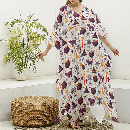 Halloween Festival Pattern Print Silk V-Neck Kaftan Dress