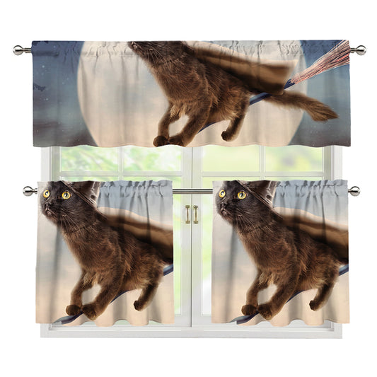 Halloween Flying Witch Cat Print 3 Piece Kitchen Curtains