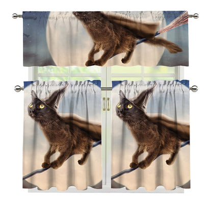Halloween Flying Witch Cat Print 3 Piece Kitchen Curtains