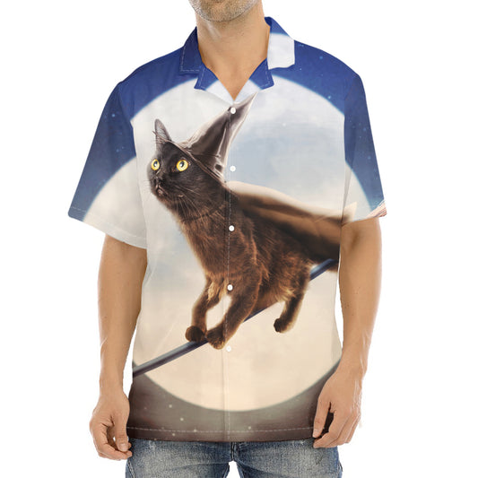 Halloween Flying Witch Cat Print Aloha Shirt