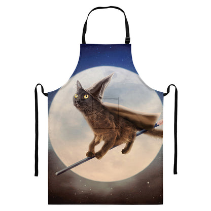 Halloween Flying Witch Cat Print Bib Apron With Pocket