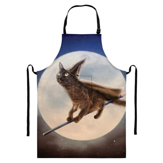 Halloween Flying Witch Cat Print Bib Apron With Pocket