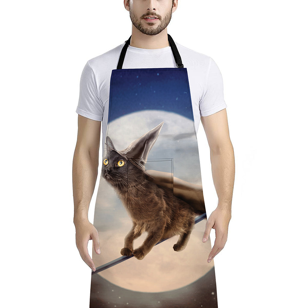 Halloween Flying Witch Cat Print Bib Apron With Pocket