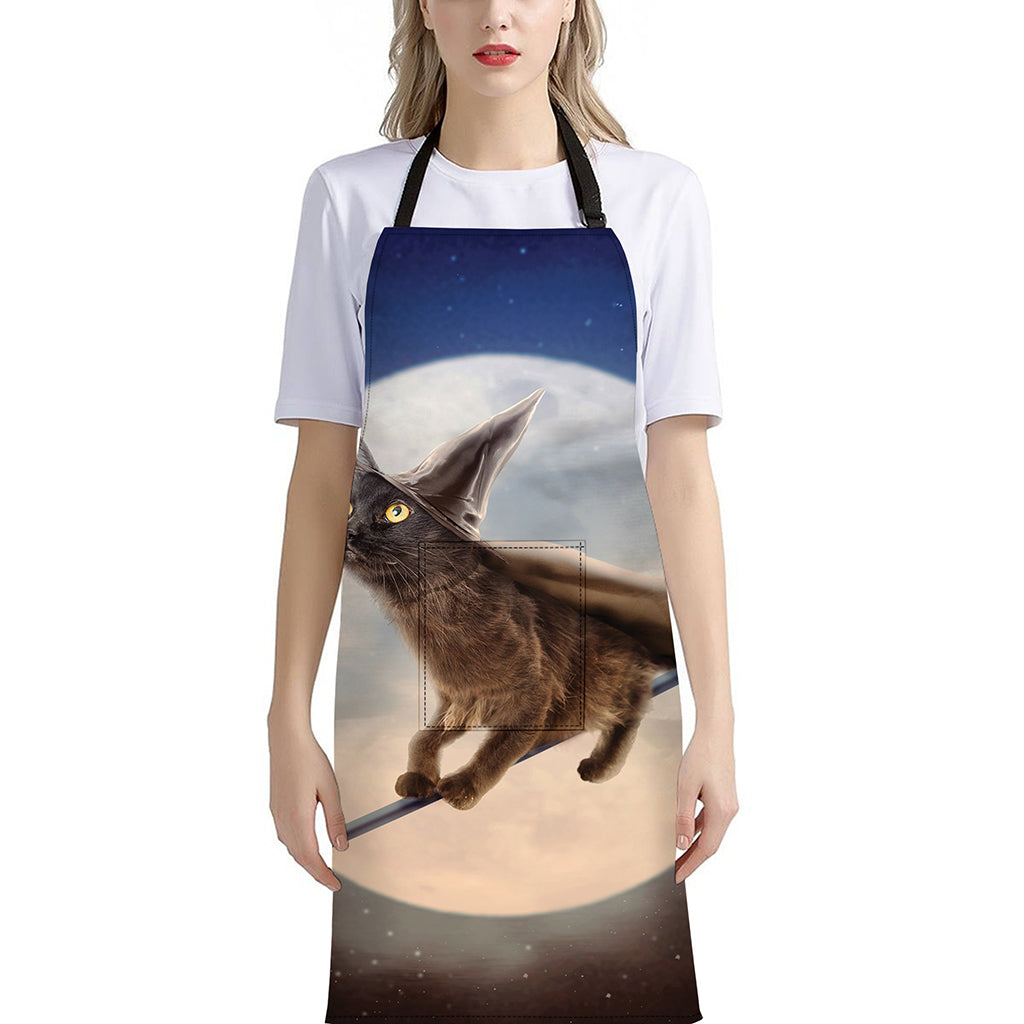 Halloween Flying Witch Cat Print Bib Apron With Pocket