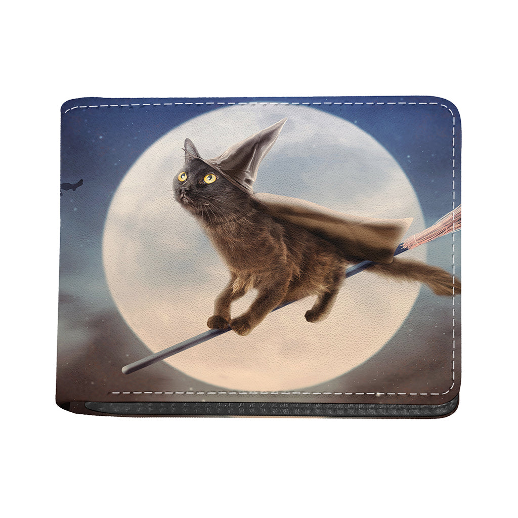 Halloween Flying Witch Cat Print Bifold Wallet