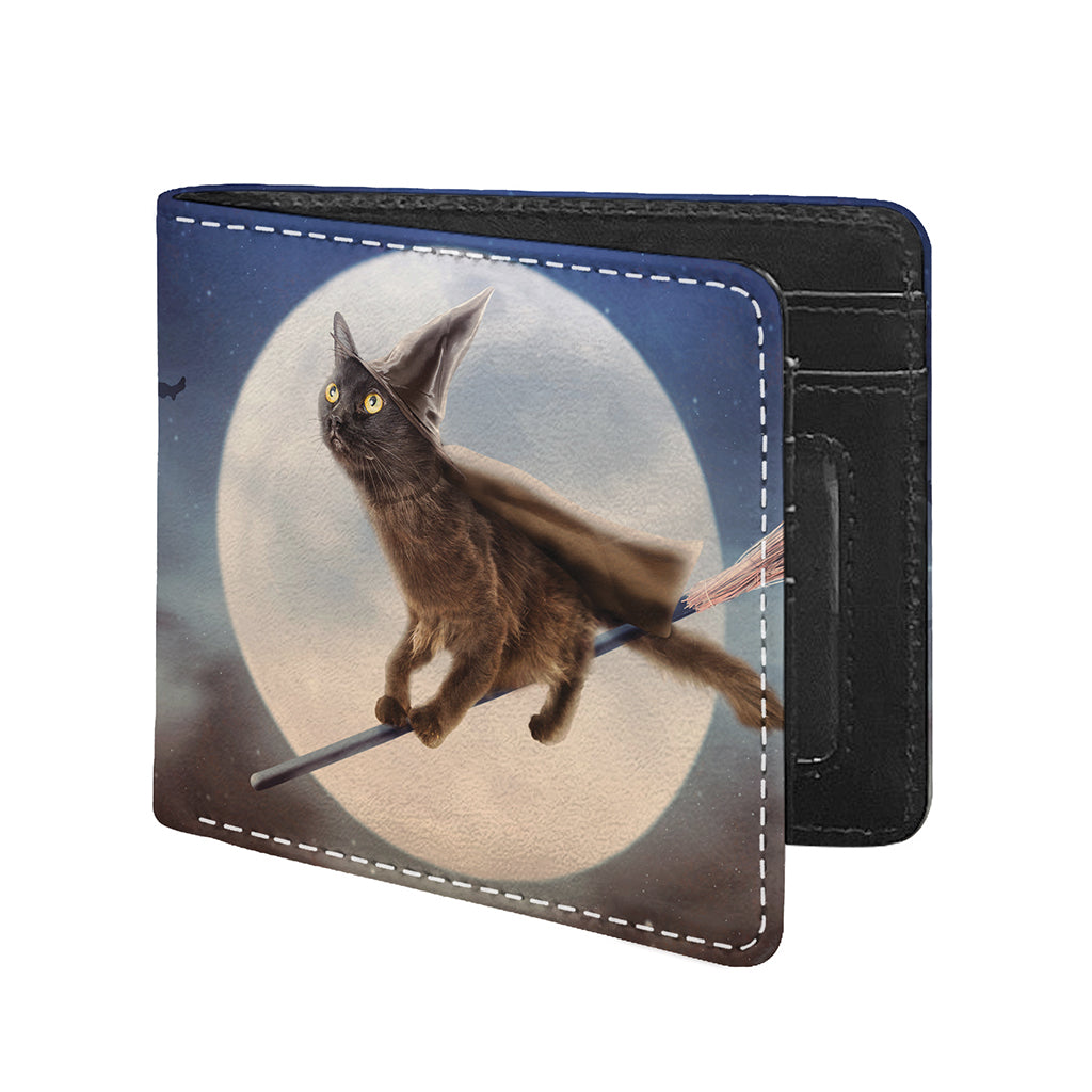 Halloween Flying Witch Cat Print Bifold Wallet