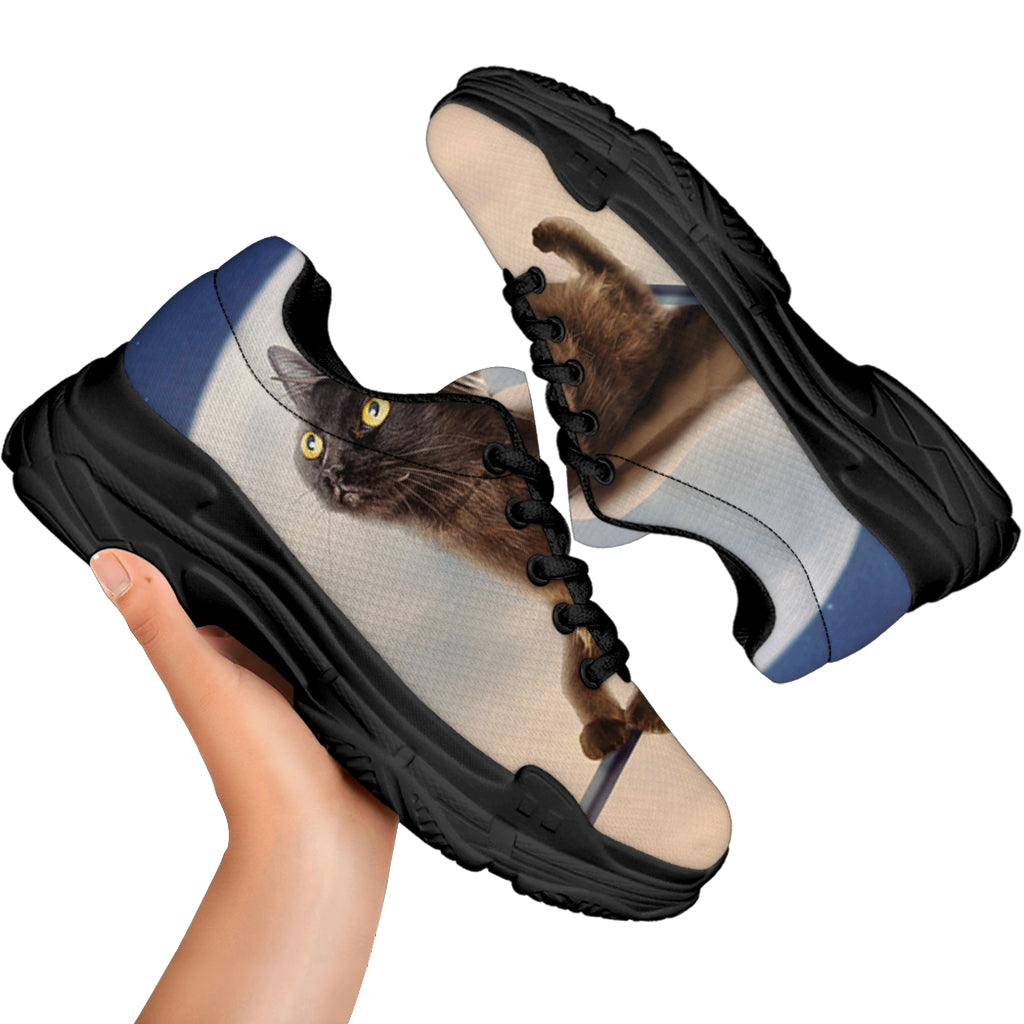 Halloween Flying Witch Cat Print Black Chunky Shoes