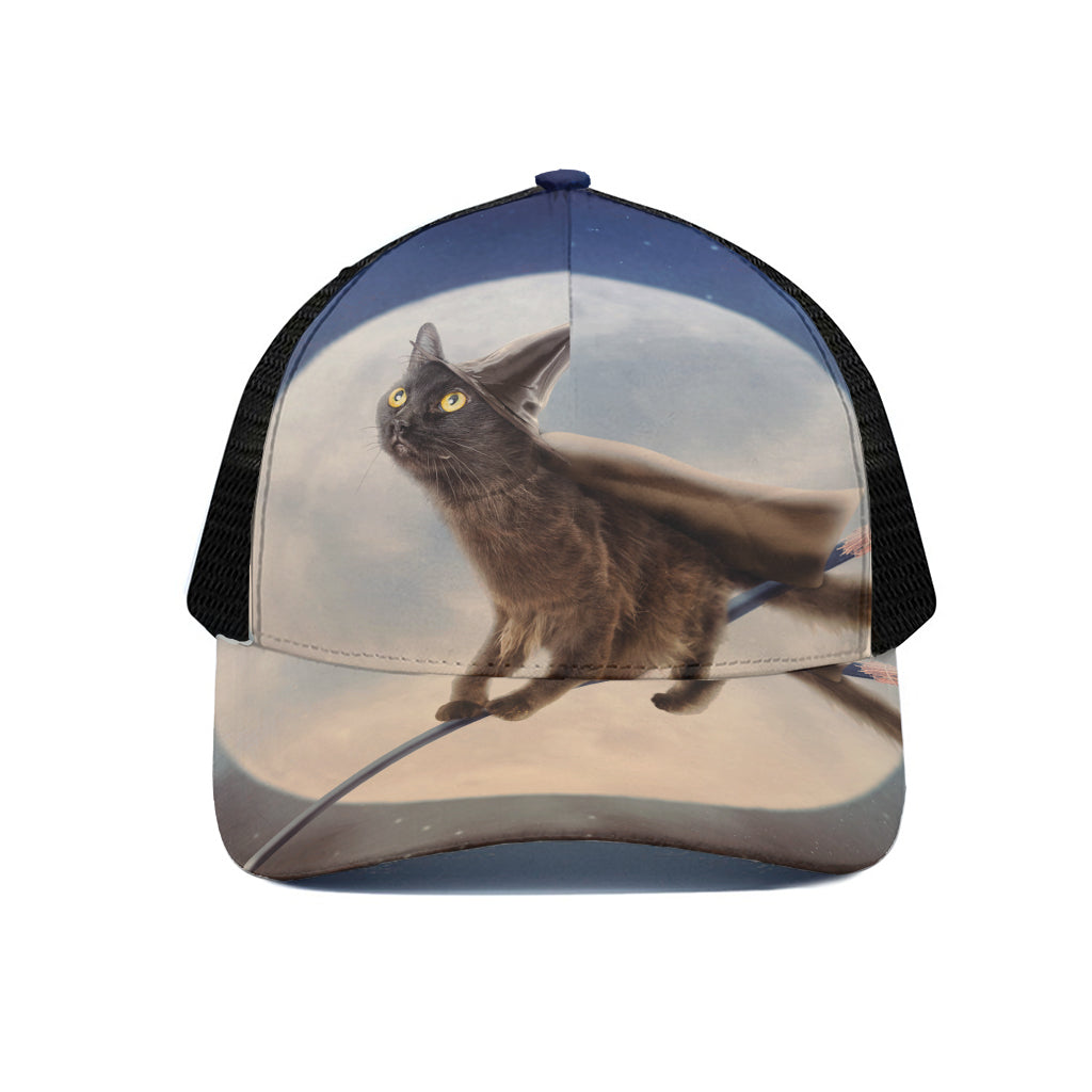 Halloween Flying Witch Cat Print Black Mesh Trucker Cap
