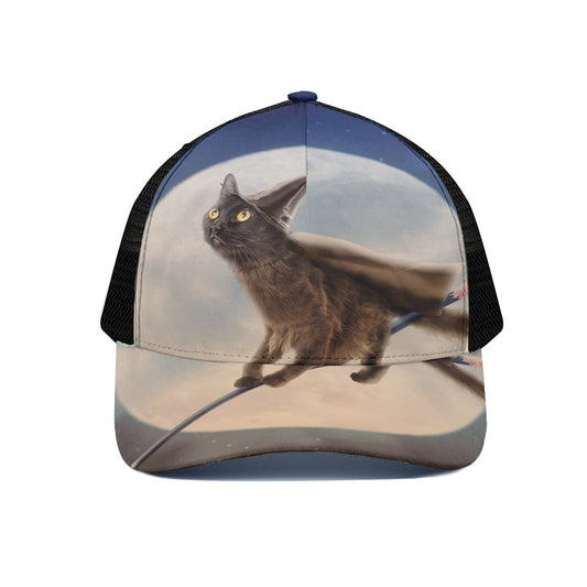 Halloween Flying Witch Cat Print Black Mesh Trucker Cap