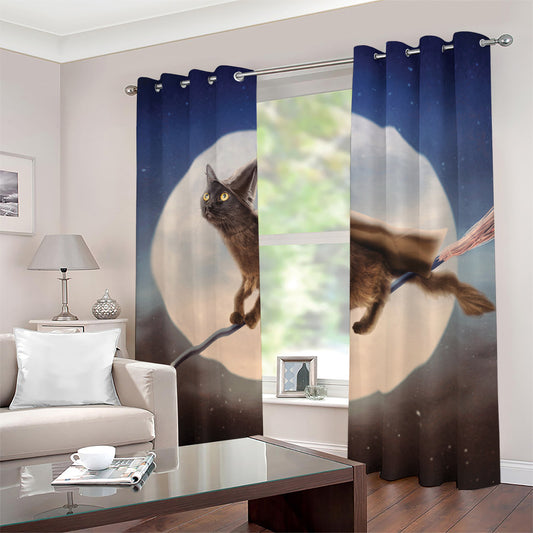 Halloween Flying Witch Cat Print Blackout Grommet Curtains