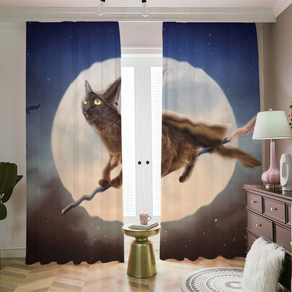 Halloween Flying Witch Cat Print Blackout Pencil Pleat Curtains