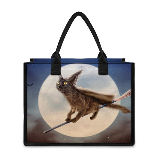 Halloween Flying Witch Cat Print Canvas Tote Bag