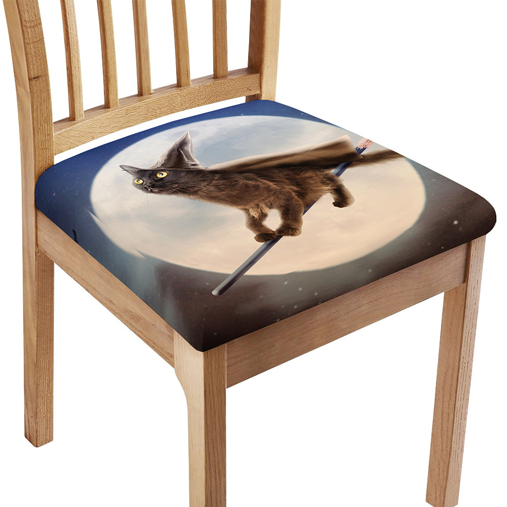Halloween Flying Witch Cat Print Chair Cushion Cover