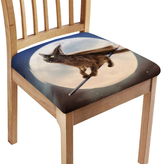 Halloween Flying Witch Cat Print Chair Cushion Cover