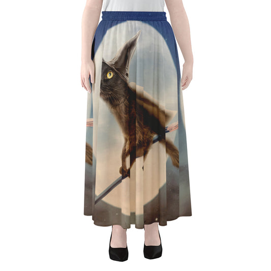 Halloween Flying Witch Cat Print Chiffon Maxi Skirt