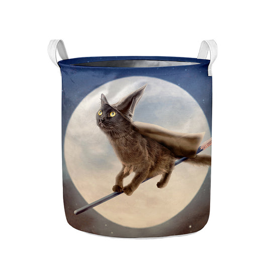Halloween Flying Witch Cat Print Collapsible Laundry Basket