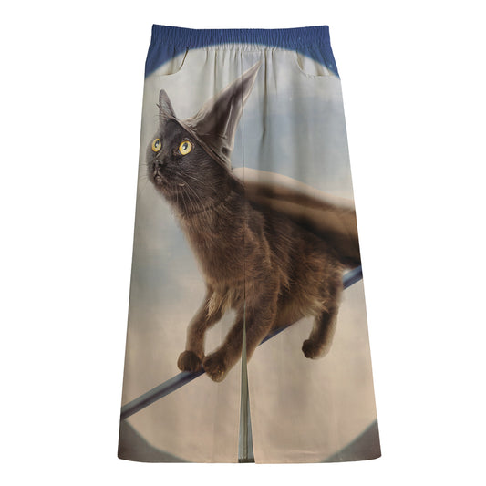 Halloween Flying Witch Cat Print Cotton Front Slit Maxi Skirt