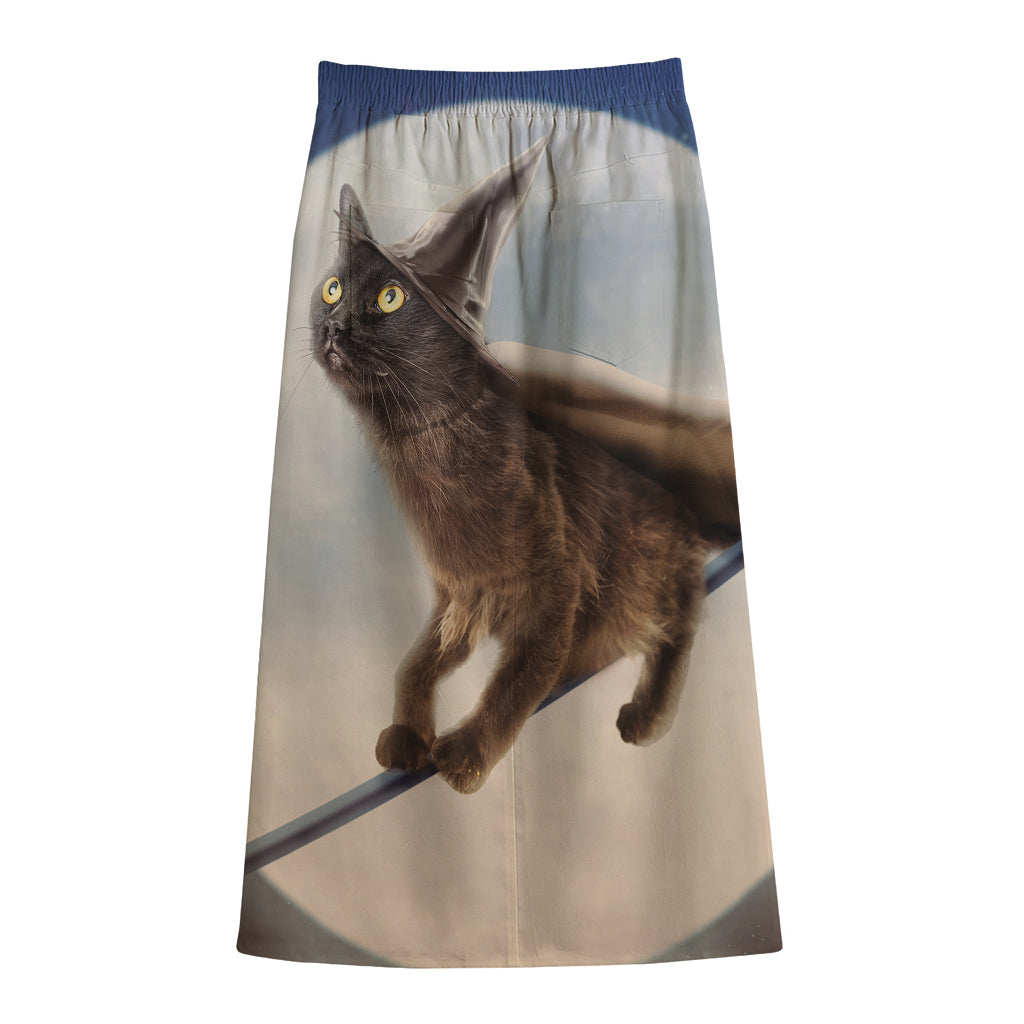 Halloween Flying Witch Cat Print Cotton Front Slit Maxi Skirt
