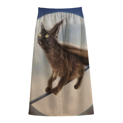 Halloween Flying Witch Cat Print Cotton Front Slit Maxi Skirt