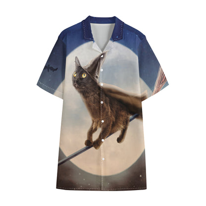 Halloween Flying Witch Cat Print Cotton Hawaiian Shirt