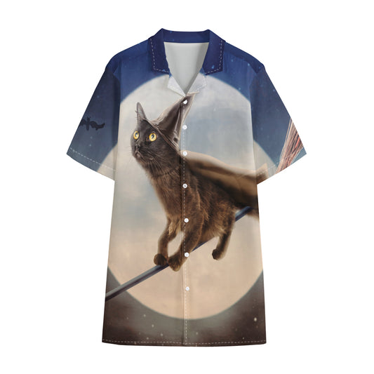 Halloween Flying Witch Cat Print Cotton Hawaiian Shirt