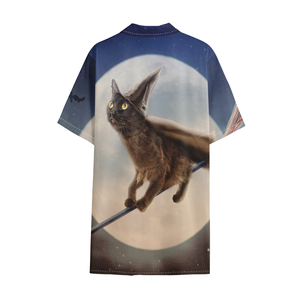 Halloween Flying Witch Cat Print Cotton Hawaiian Shirt