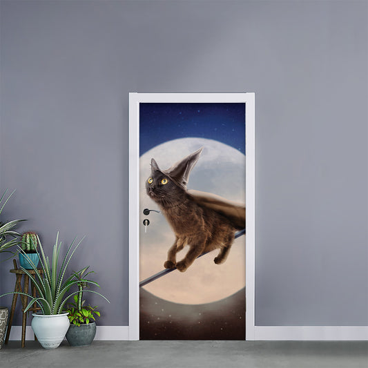 Halloween Flying Witch Cat Print Door Sticker