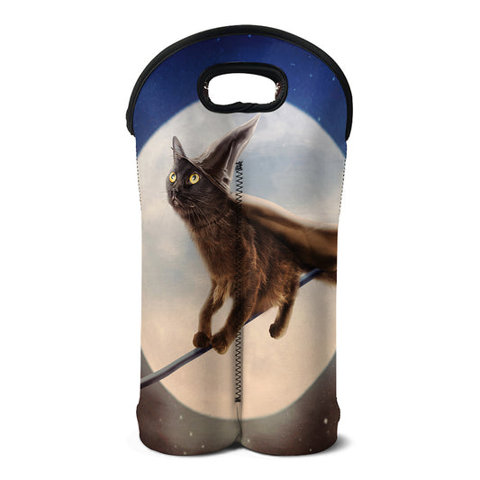Halloween Flying Witch Cat Print Double Neoprene Wine Tote
