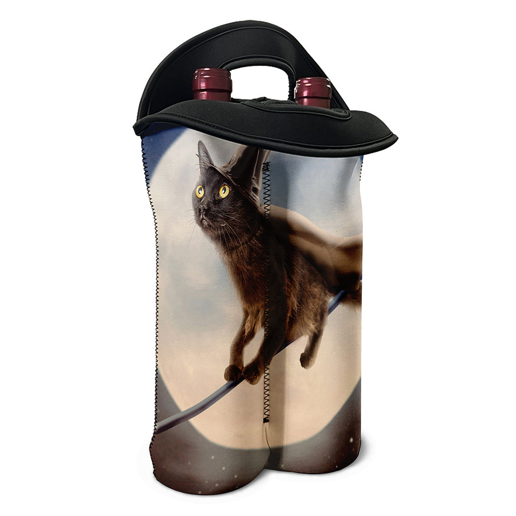 Halloween Flying Witch Cat Print Double Neoprene Wine Tote