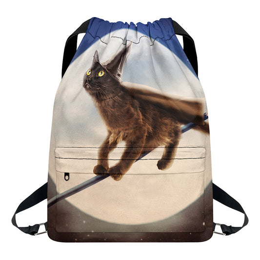 Halloween Flying Witch Cat Print Drawstring Backpack