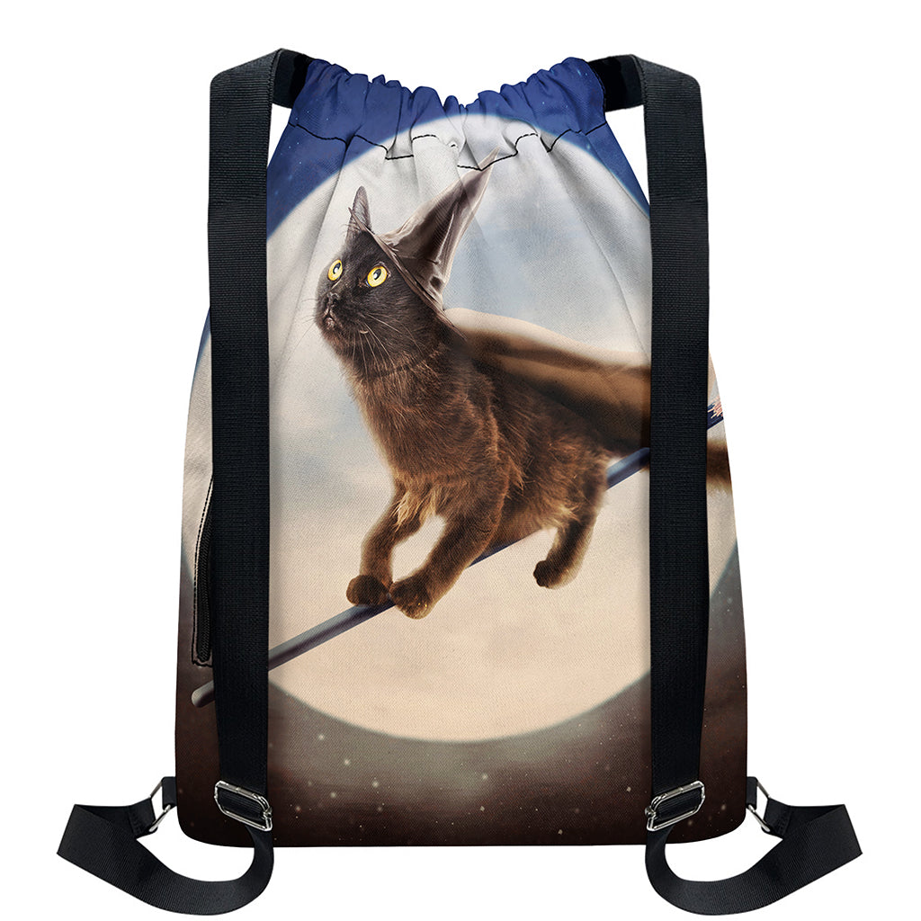 Halloween Flying Witch Cat Print Drawstring Backpack