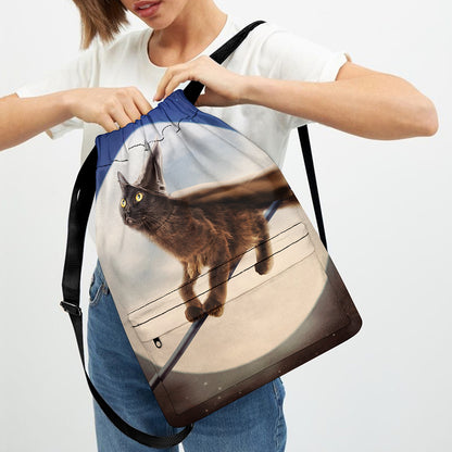 Halloween Flying Witch Cat Print Drawstring Backpack