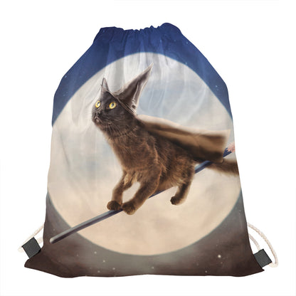 Halloween Flying Witch Cat Print Drawstring Bag