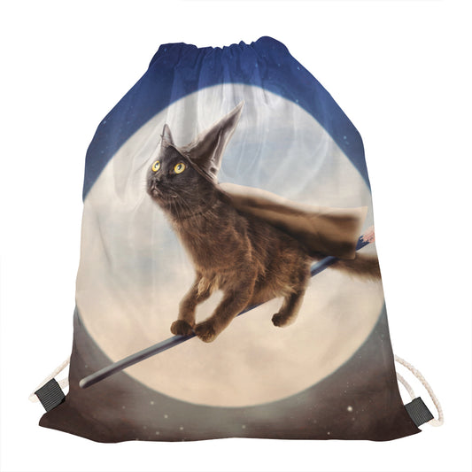 Halloween Flying Witch Cat Print Drawstring Bag
